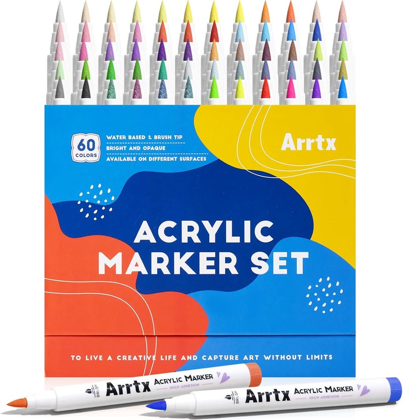 Arrtx Acrylic Paint Pens 60A,Brush Tip Acrylic Markers Set for Rock Painting,Glass,Stone,Wood,Ceramic Fabric - Image 1